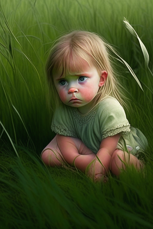 “2 year old girl, sitting in the wild grass”"crying"

