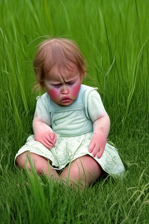 “2 year old girl crying , sitting in the wild grass”""

