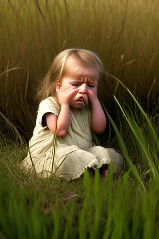 “2 year old girl crying , sitting in the wild brown grass"

