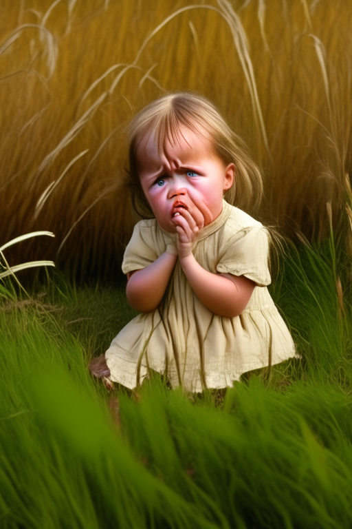 “2 year old girl crying , sitting in the wild brown grass"

