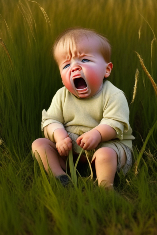 “2 year old baby crying , sitting in the wild brown grass"

