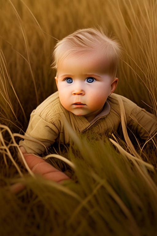 “2 year old baby , sitting in the wild brown grass"

