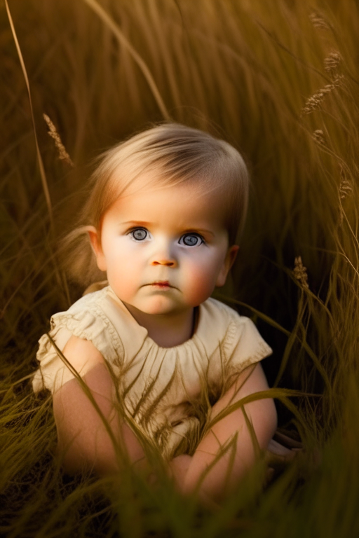 “2 year old baby girl , sitting in the wild brown grass"

