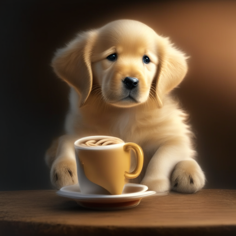 a Golden Retriever puppy drinking a latte with heart-shaped art, 4k