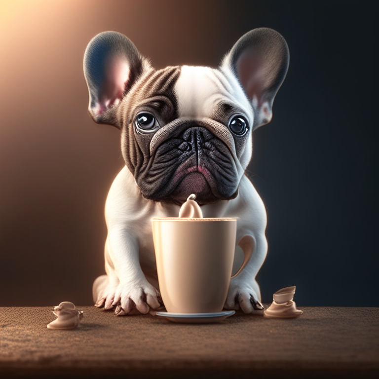 a French Bulldog puppy drinking a latte with heart-shaped art, 4k