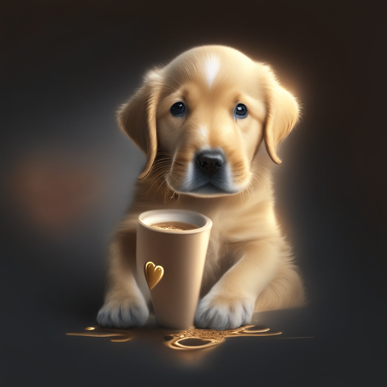 a golden retriever puppy drinking a latte with heart-shaped art, 4k