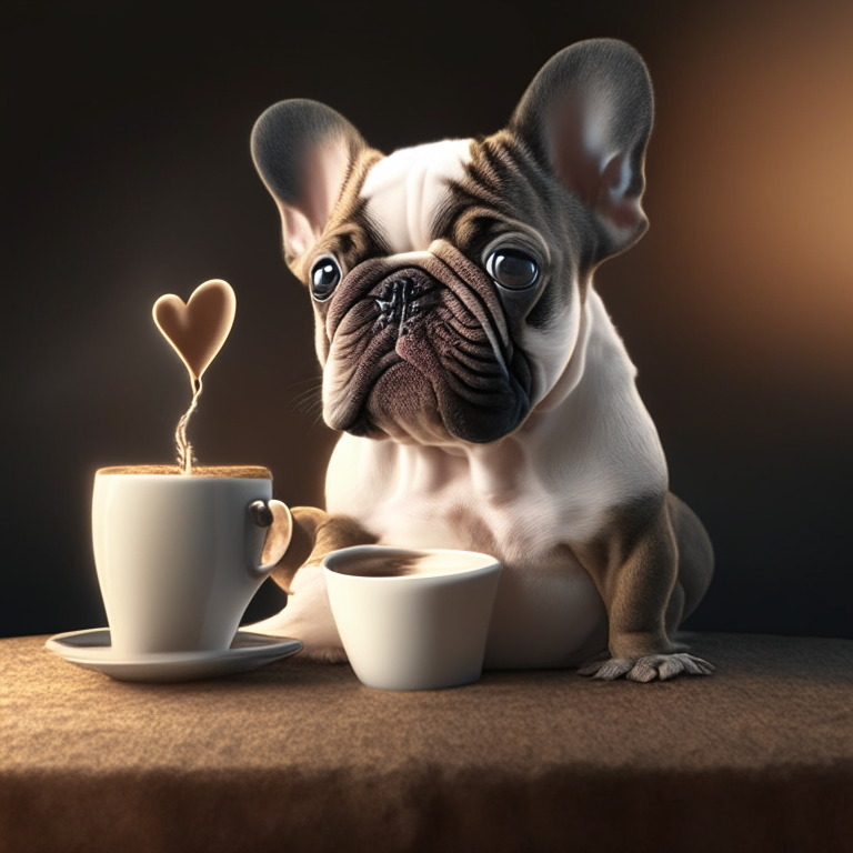 a French bulldog puppy drinking a latte with heart-shaped art, 4k