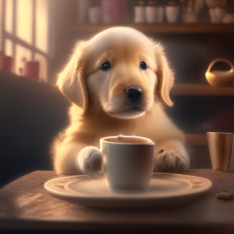 a Golden Retriever puppy drinking a latte with heart-shaped art, cozy atmosphere, 4k