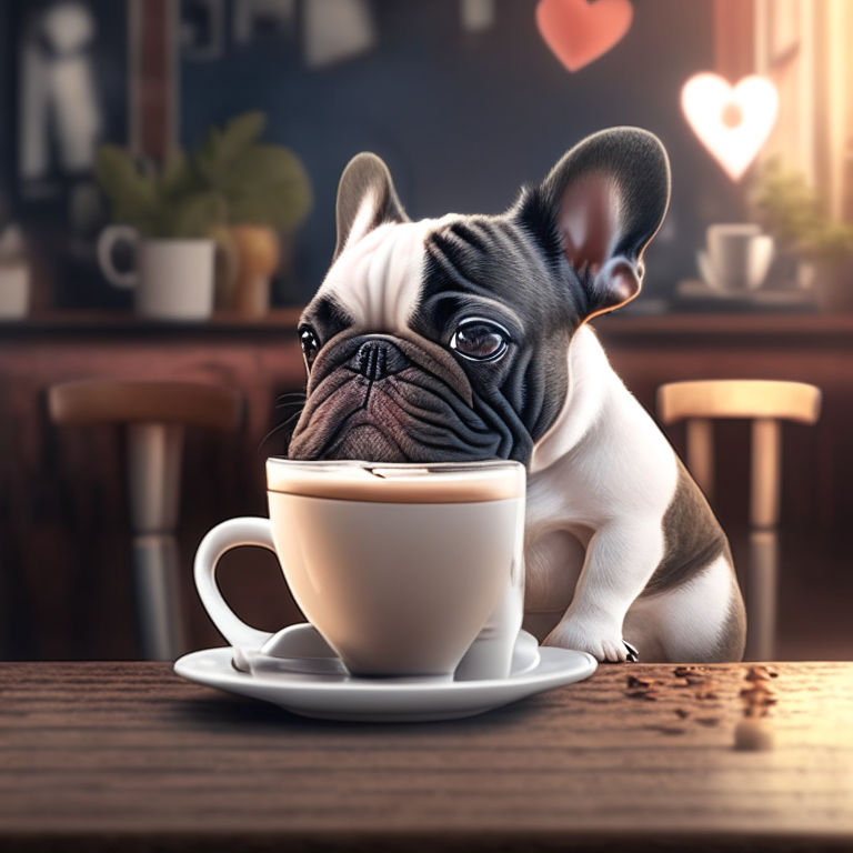 a French Bulldog puppy drinking a latte with heart-shaped art, modern cafe, 4k