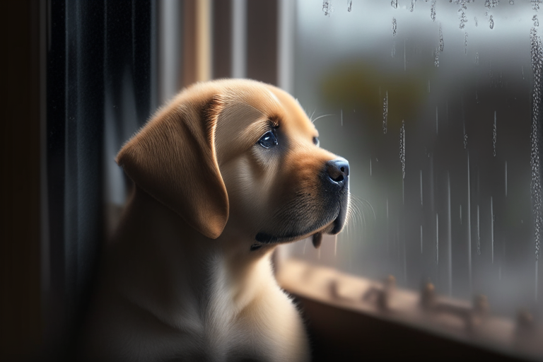 a Labrador Retriever puppy looking out the window while it's raining, cozy atmosphere, 4k