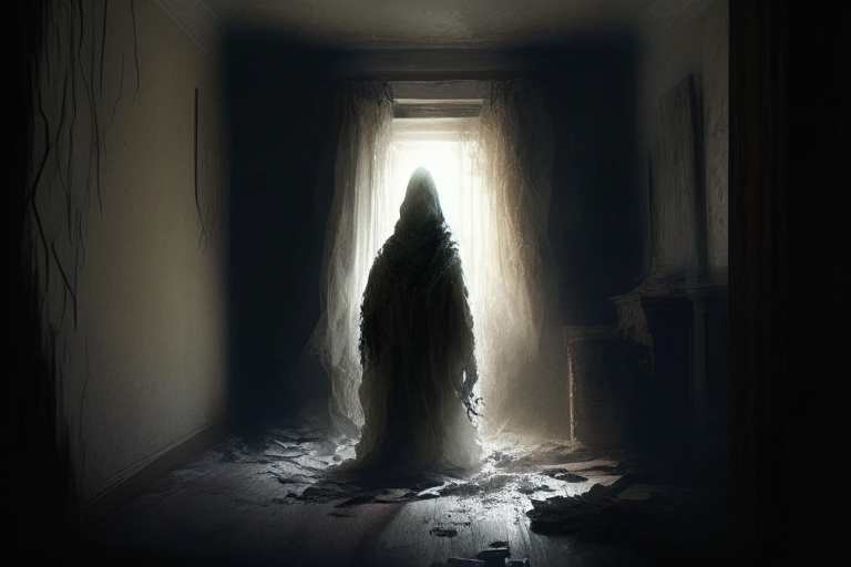 Suddenly, a flickering light emerged from a corner of the room. They turned toward it, hoping for deliverance, only to behold a figure shrouded in tattered rags. 