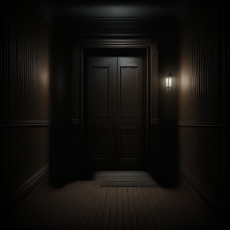  dark hallway with a large wooden door. The door shuts leaving darkness