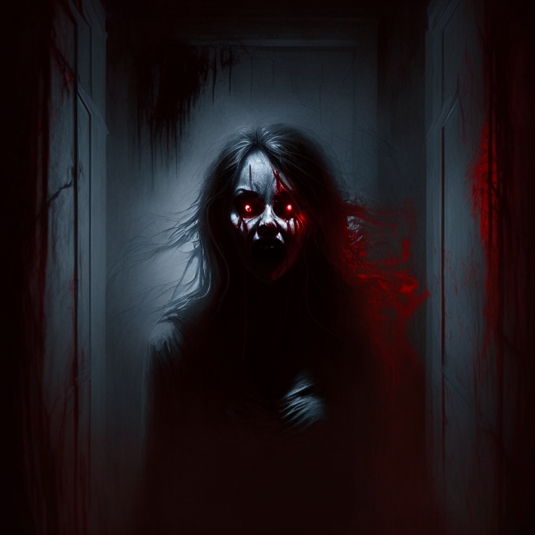 The scary female figure with red eyes in the dark room moved closer, and the air turned frigid, stealing their breath