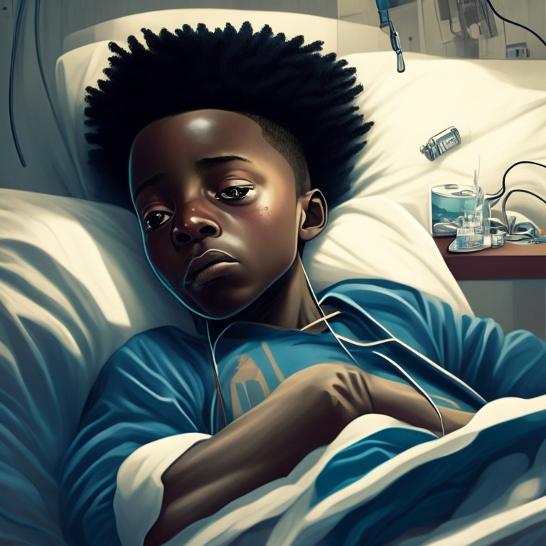 a young black boy lying in a hospital bed with IVs running in his arms