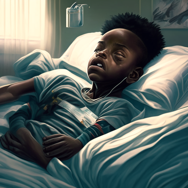 a young black boy lying in a hospital bed with IVs running to his arms