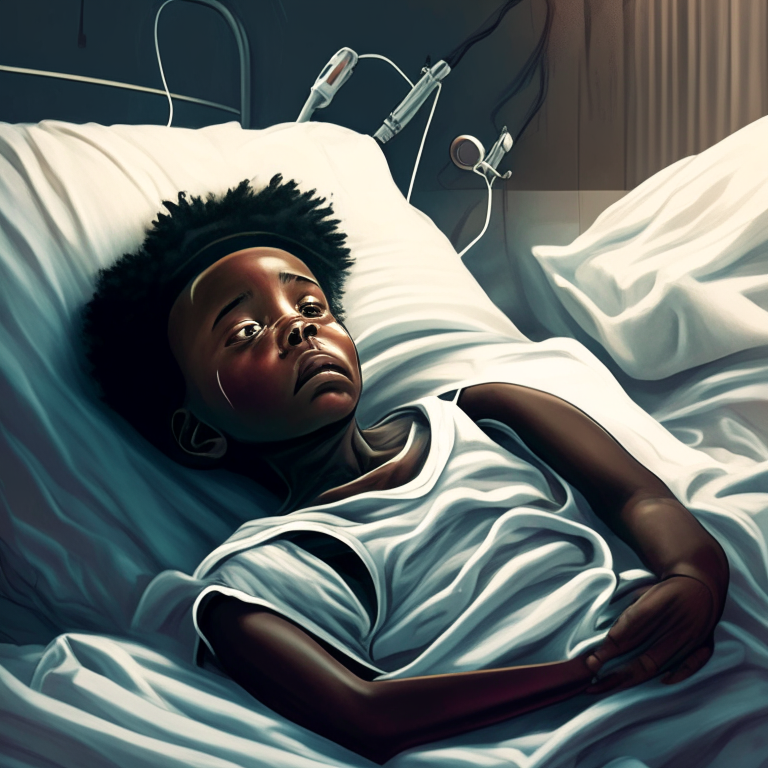 a young black boy lying in a hospital bed with IVs running to his arms and looking unwell