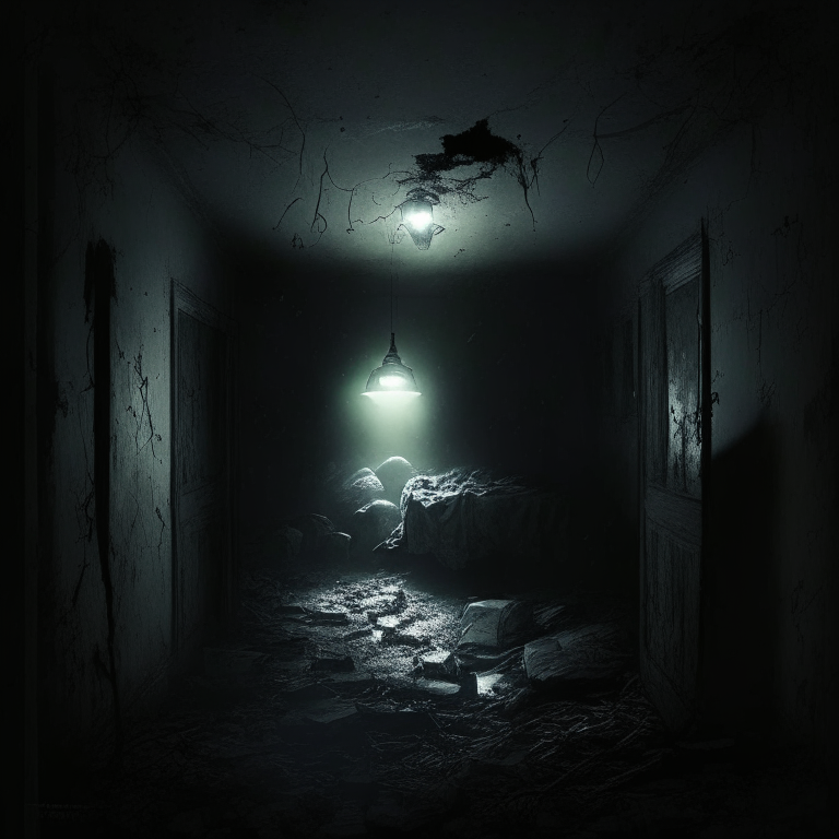 One by one, their flashlights died, plunging them into absolute darkness. in the room 