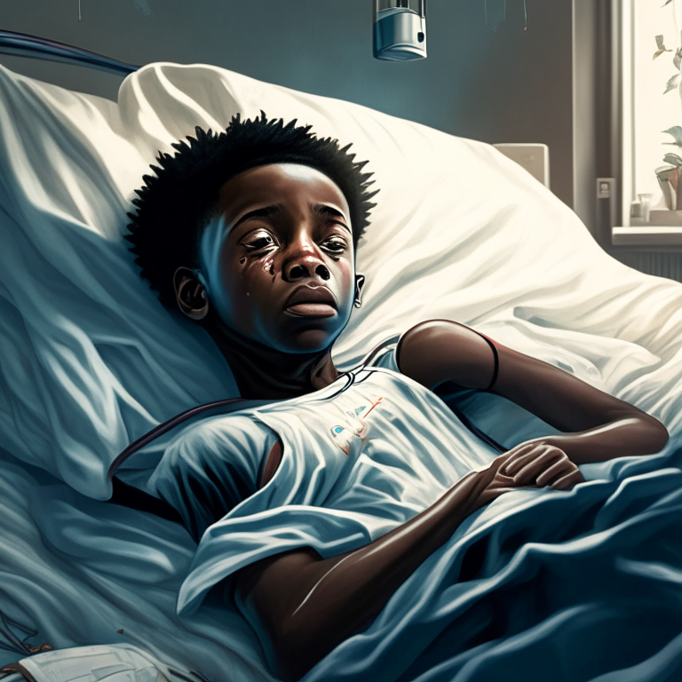 a young black boy lying in a hospital bed with IVs running to his arms and looking more realistic