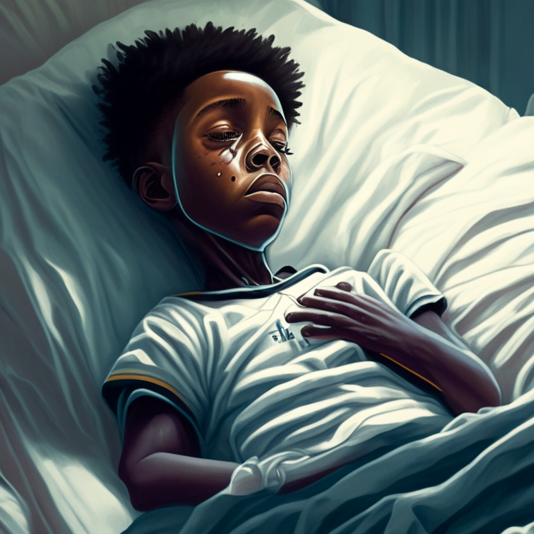 a young black boy lying in a hospital bed with IVs running to his arms and looking unwell, with hands