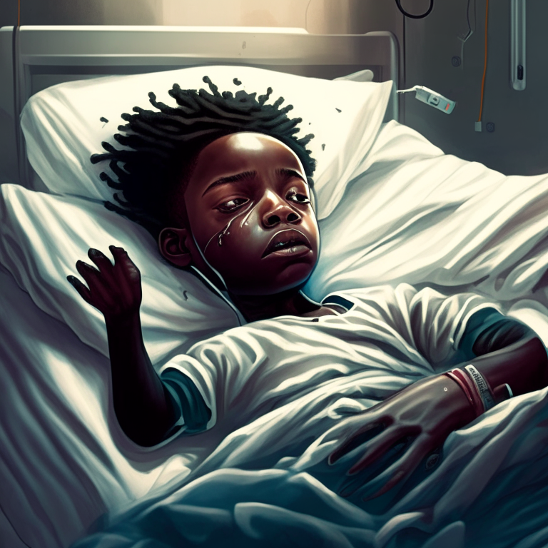 a young black boy lying in a hospital bed with IVs running to his arms and looking unwell, with hands