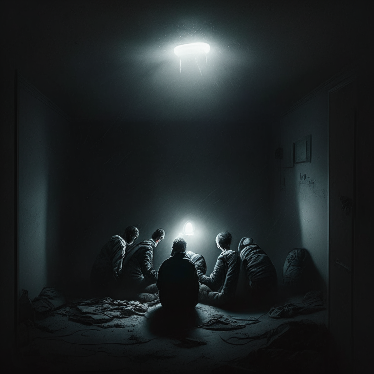 Group of friends, One by one, their flashlights died, plunging them into absolute darkness. in the room 