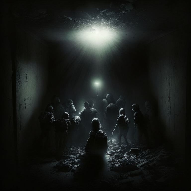 Flashlights died, group of people, plunging them into absolute darkness. in the room 
