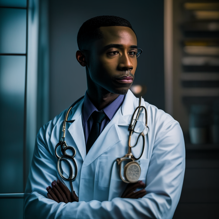 a black doctor in a lab coat facing forward