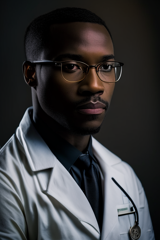 a portrait shot of a black doctor in a lab coat facing forward