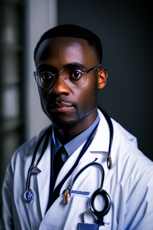 a black doctor in a lab coat facing forward and looking at the camera