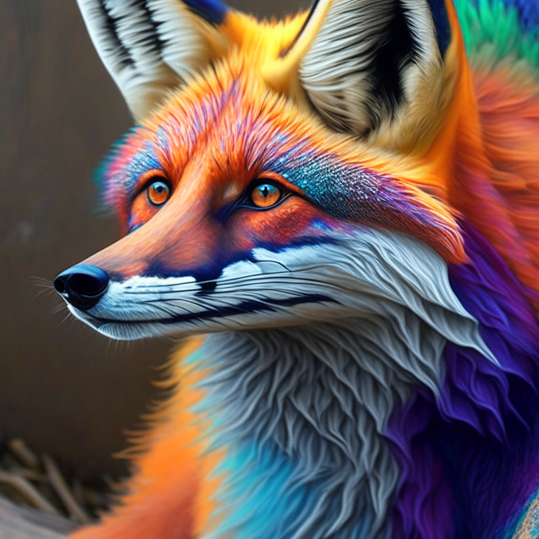 A hyperrealistic  colourful fox