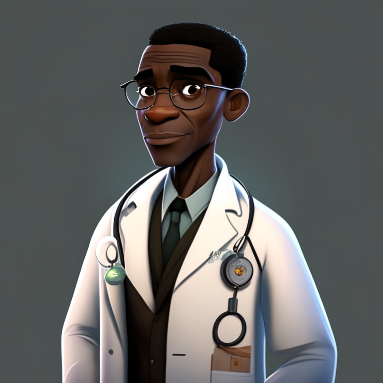 a black male doctor in the style of Pixar animation, wearing a lab coat and stethoscope