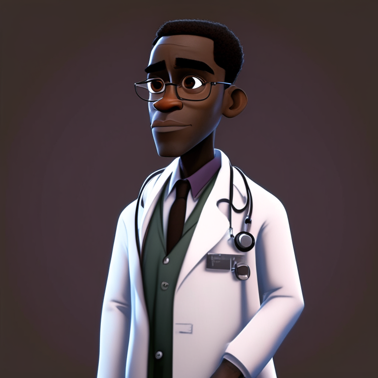 a black male doctor in the style of Pixar animation, wearing a lab coat and stethoscope, leaning forward and looking at the camera