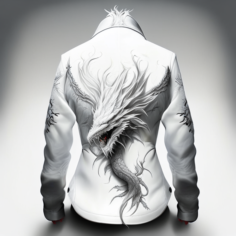 Design me beautiful white jacket, back of jacket 
paint  small dragon 