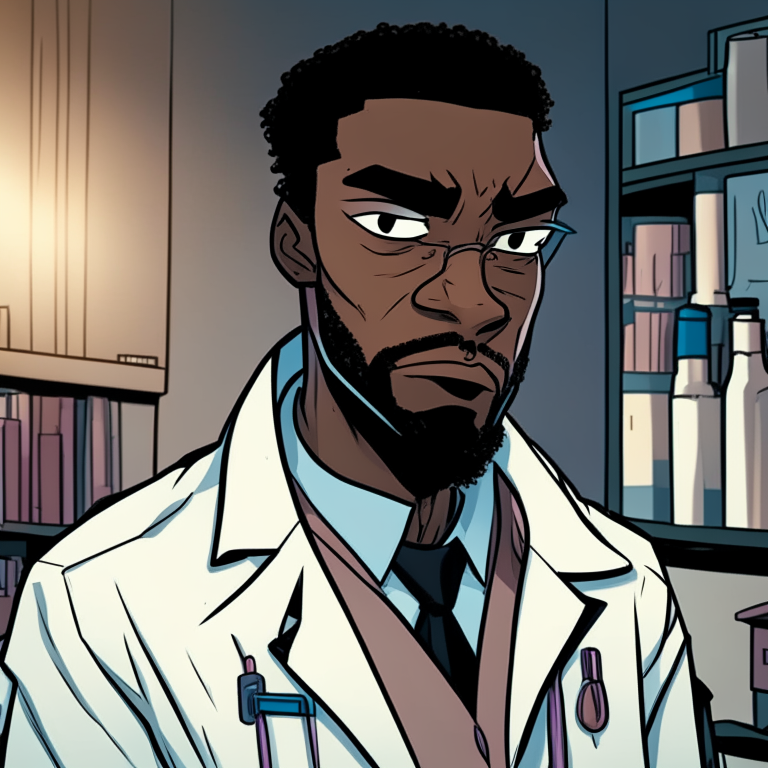 a black male doctor in a lab coat, with an intense gaze, in the style of cartoonish innocence, colored in the style of G. Willow Wilson, with a grey academia feel and cartoon mis-en-scene, and an honest portrayal