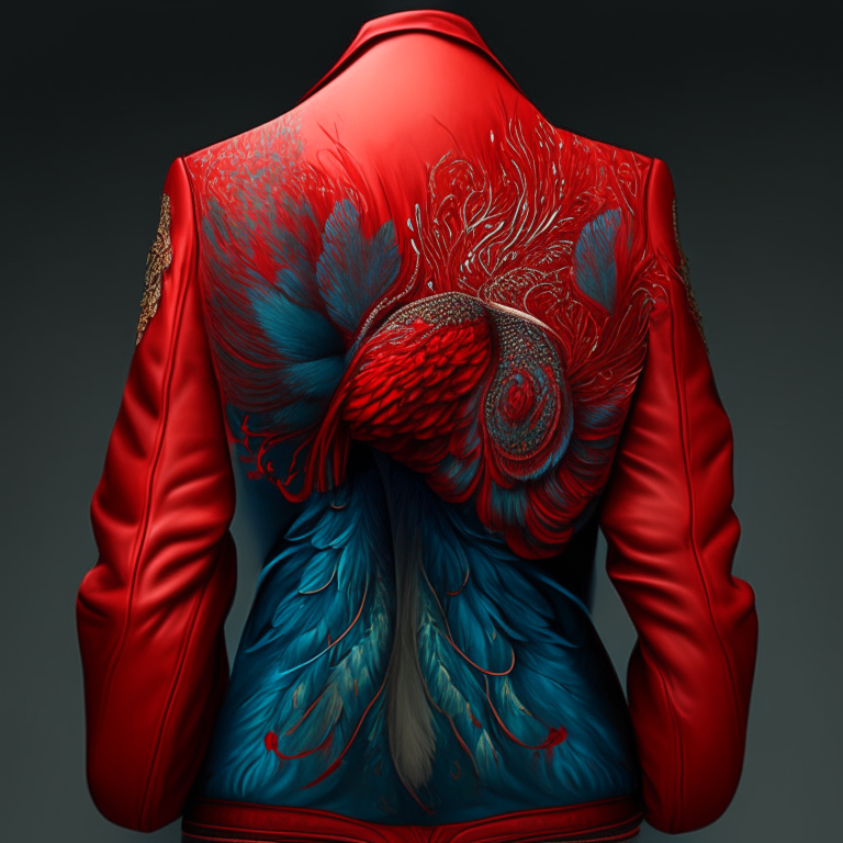 Design me beautiful red jacket, back of jacket 
paint  small peacock 🦚