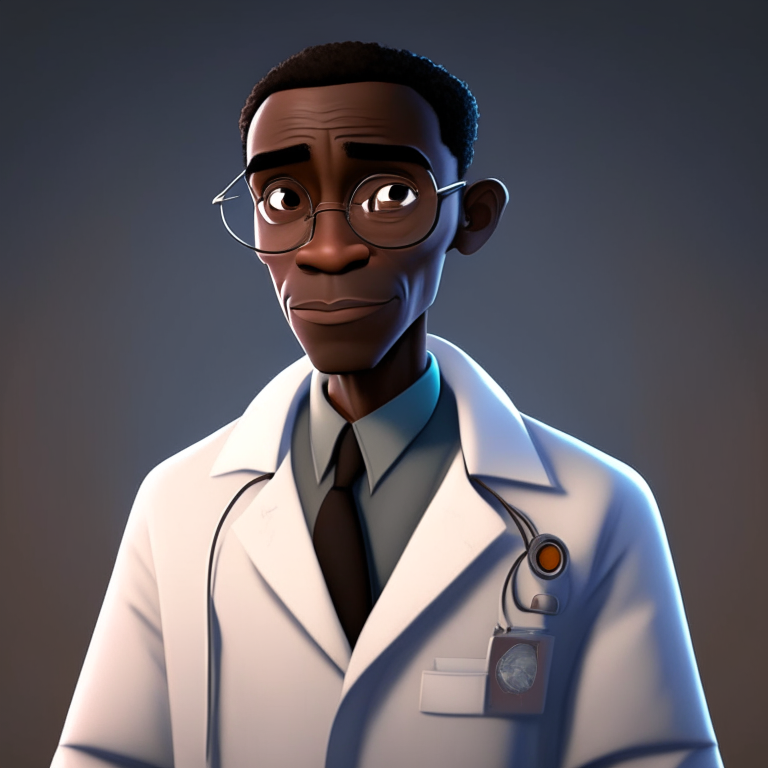 a black male doctor in a lab coat, with a pleasant gaze, in the style of Pixar animation