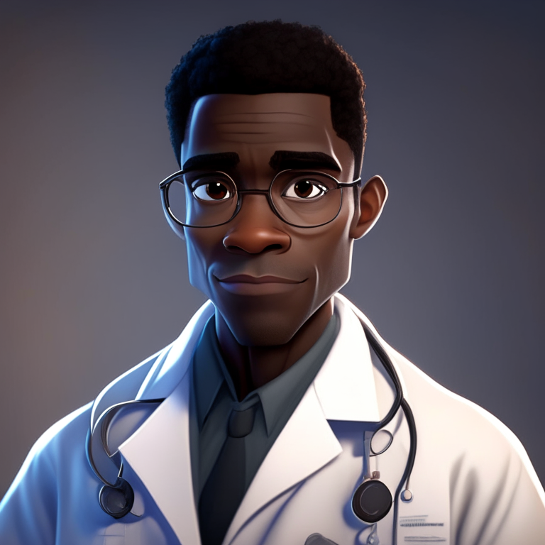 a handsome black male doctor in a lab coat, with a pleasant gaze, in the style of Pixar animation