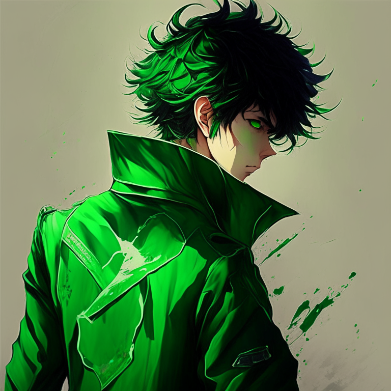 Design me beautiful   green jacket, back of jacket , paint me handsome anime with green eyes 