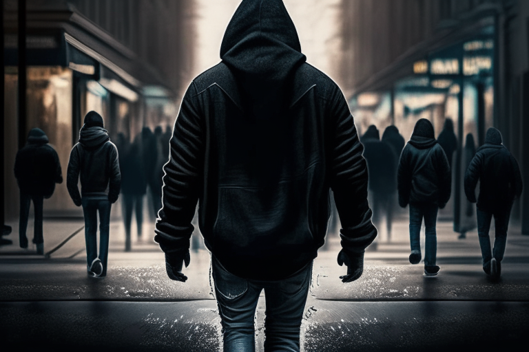 Seed 104935314 walking down a busy street, wearing a black hoodie and jeans