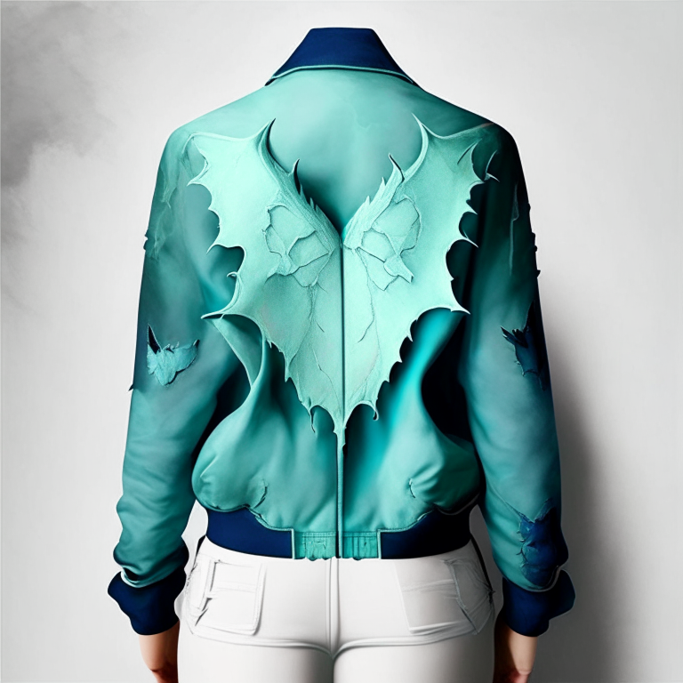 Design me beautiful light blue jacket ،back of jacket, paint me small bat

green jacket, back of jacket , 