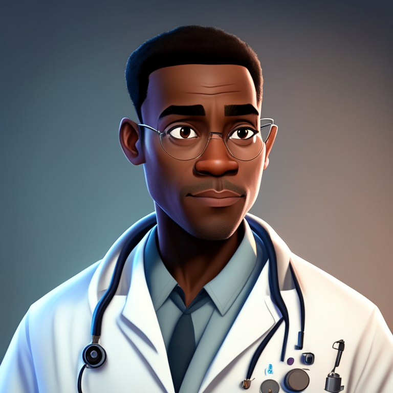 a handsome African American male doctor in a lab coat, with straight shoulders and a pleasant gaze into the camera, in the style of Pixar animation