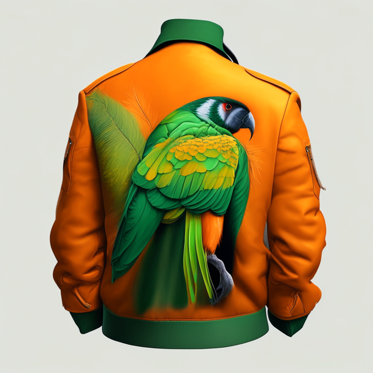 Design me beautiful orange  jacket ،back of jacket, paint small parrot 🐦

green jacket, back of jacket , 