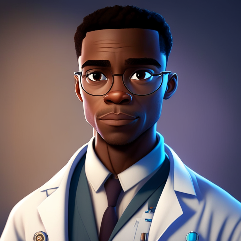 a handsome African American male doctor in a lab coat, with a pleasant gaze into the camera, in the style of Pixar animation