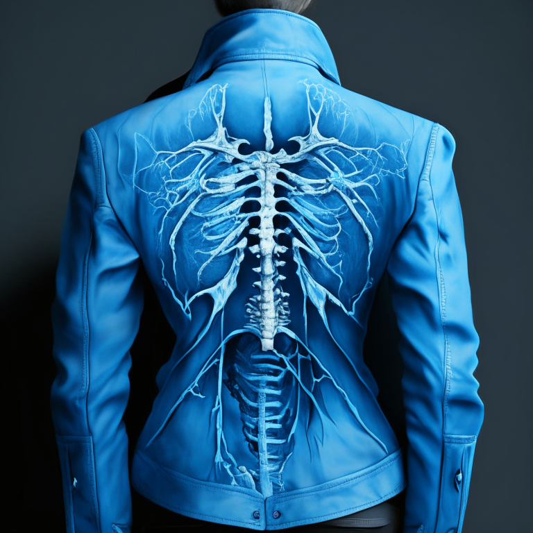 Design me beautiful blue jacket, back of jacket, paint me skeleton