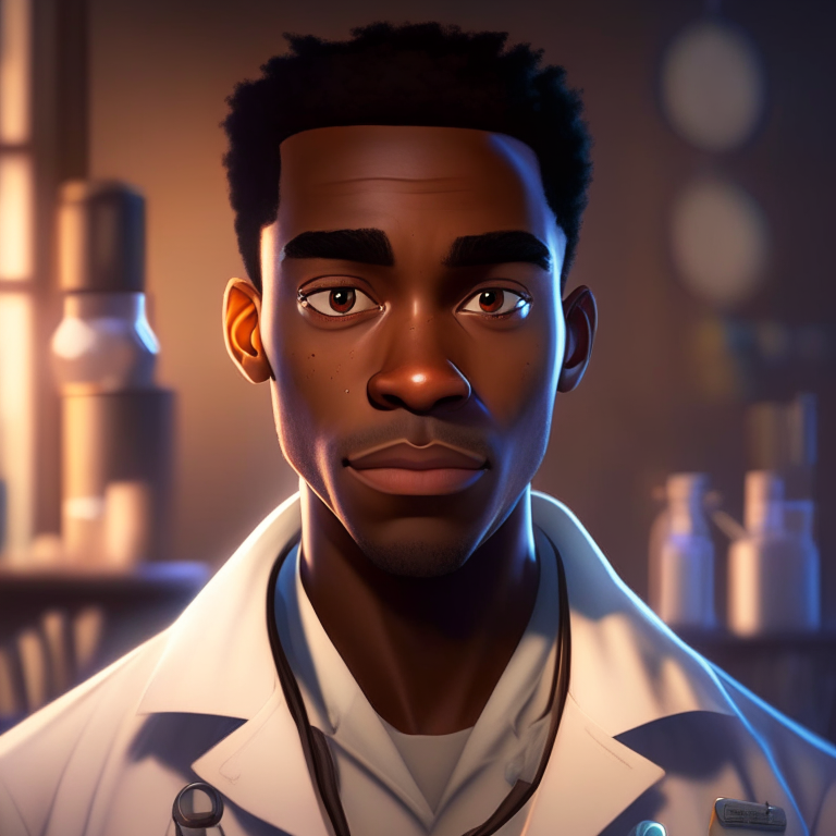 a handsome African American male doctor in a lab coat, with a pleasant gaze into the camera, warm lighting, Pixar animation style