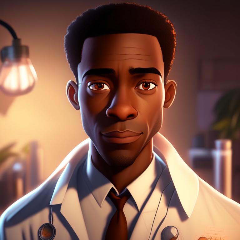 a handsome African American male doctor in a lab coat, with a pleasant gaze into the camera, warm background lighting, Pixar animation style