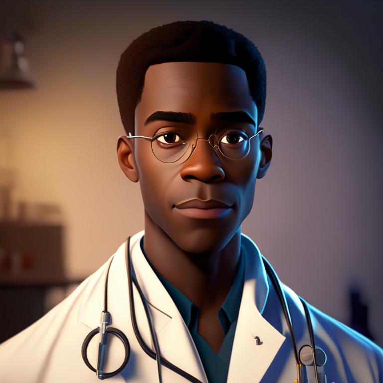 a handsome African American male doctor in a lab coat, with a pleasant gaze into the camera, studio lighting, Pixar animation style