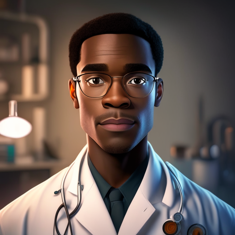 a handsome African American male doctor in a lab coat, with a pleasant gaze into the camera, warm studio lighting, Pixar animation style