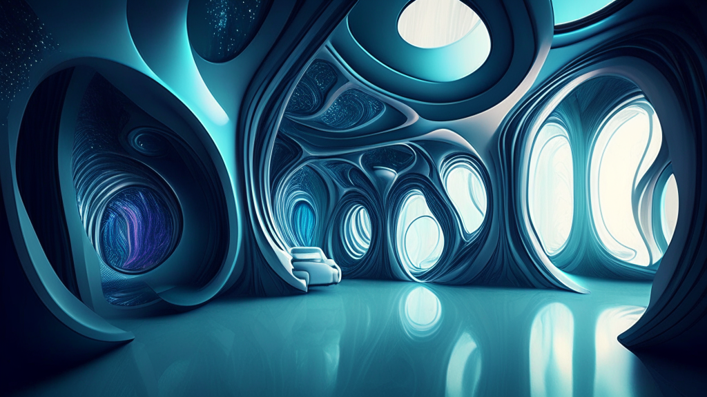 Cosmicore bubblewave futurism digitalpunk architectural interior design