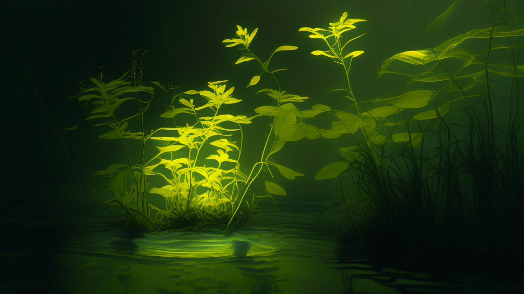 water with plants and a yellow light, 16:9